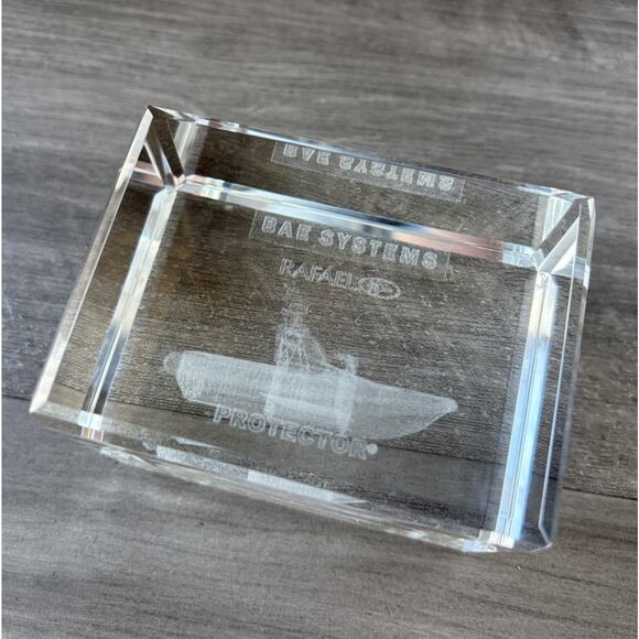 BAE Systems Military Protector Ship 3D Etched Crystal Block Paper Weight - Picture 1 of 3